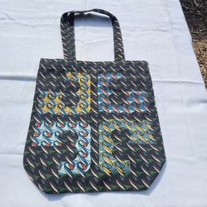 Tory Burch Canvas Tote CURLY RIBBON Swan Design on reverse side 14” x 13”